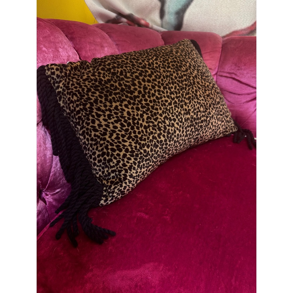 Newport Leopard Print Lumbar Throw Pillow Black Velvet Back Rope Tassels Accent